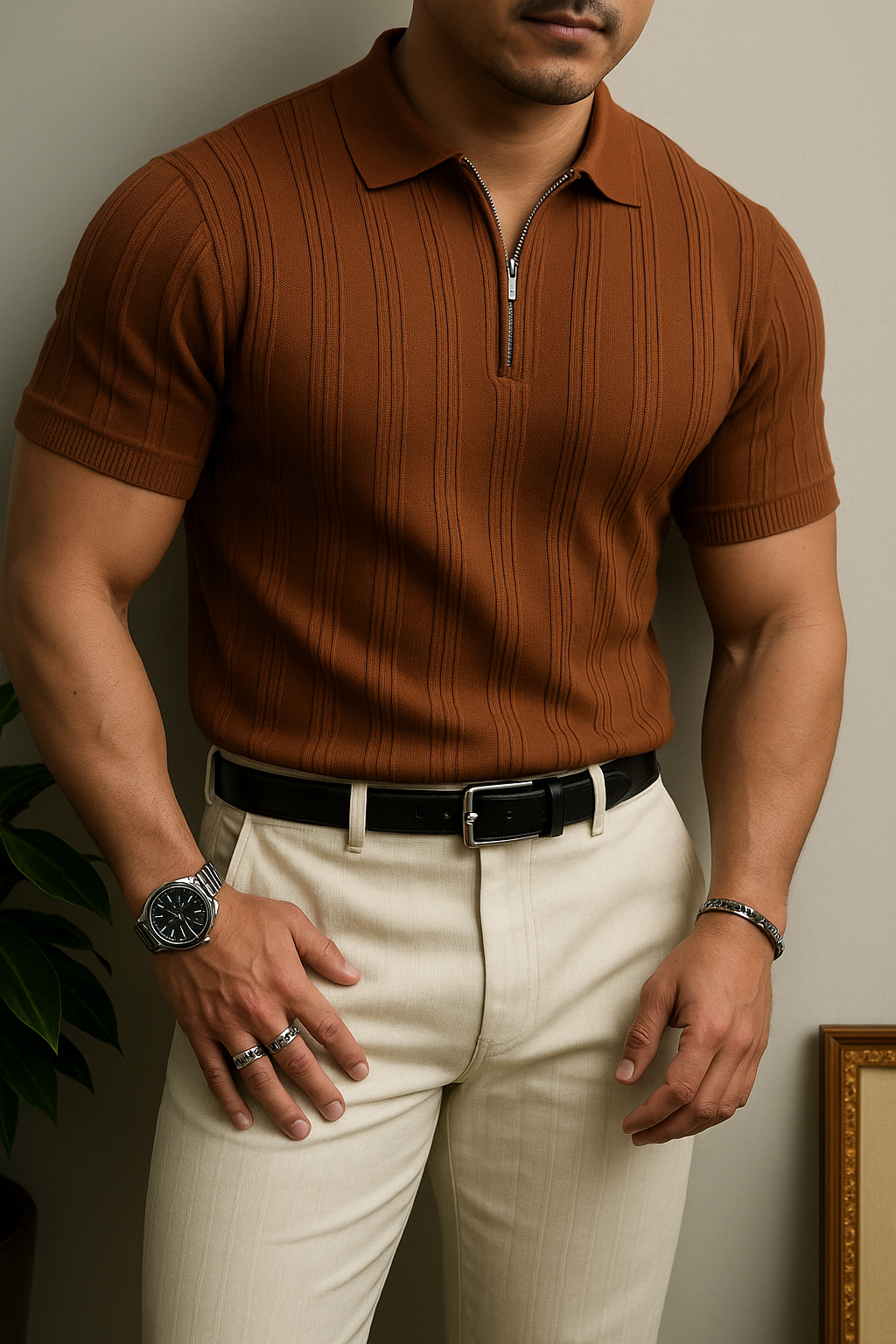 Lux-Brown Zipper Polo-shirt