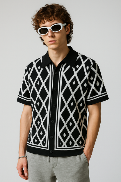 Black Summer Diamond Pattern Polo-Shirt
