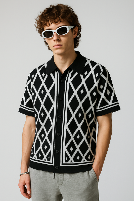 Black Summer Diamond Pattern Polo-Shirt